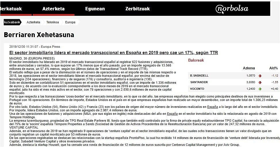 El sector inmobiliario lidera el mercado transaccional en Espaa en 2019 pero cae un 17%, segn TTR